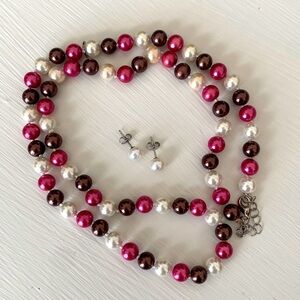 Freshwater Cultured Pearls Colorful Red Pink Bronze Necklace Earrings Set New